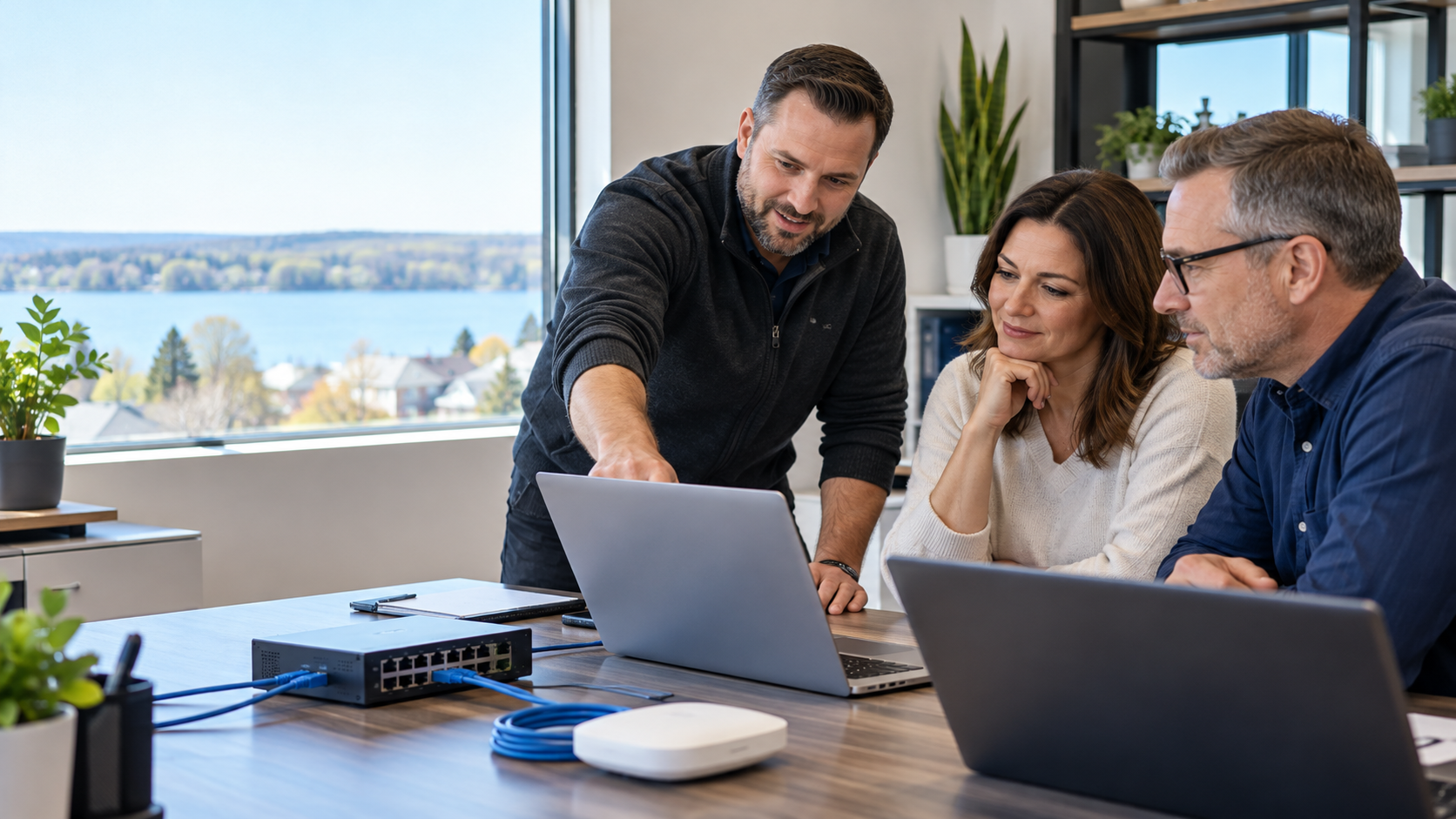 A local IT specialist helps small-business owners review laptops and office network equipment in Simcoe County.